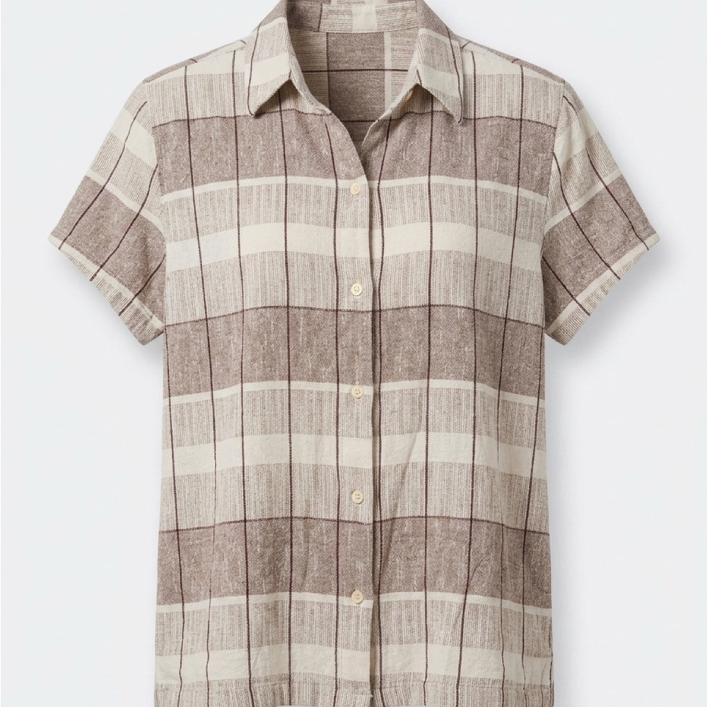 Woven Plaid Button-Up Shirt - Cream & Brown
